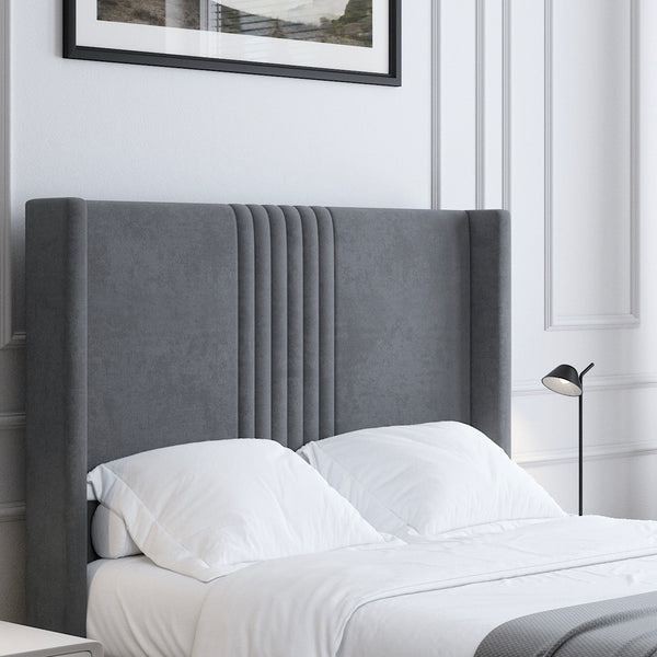 Emma Wing Divan Bed in plush steel velvet with vertical central panels – CB Furniture Company